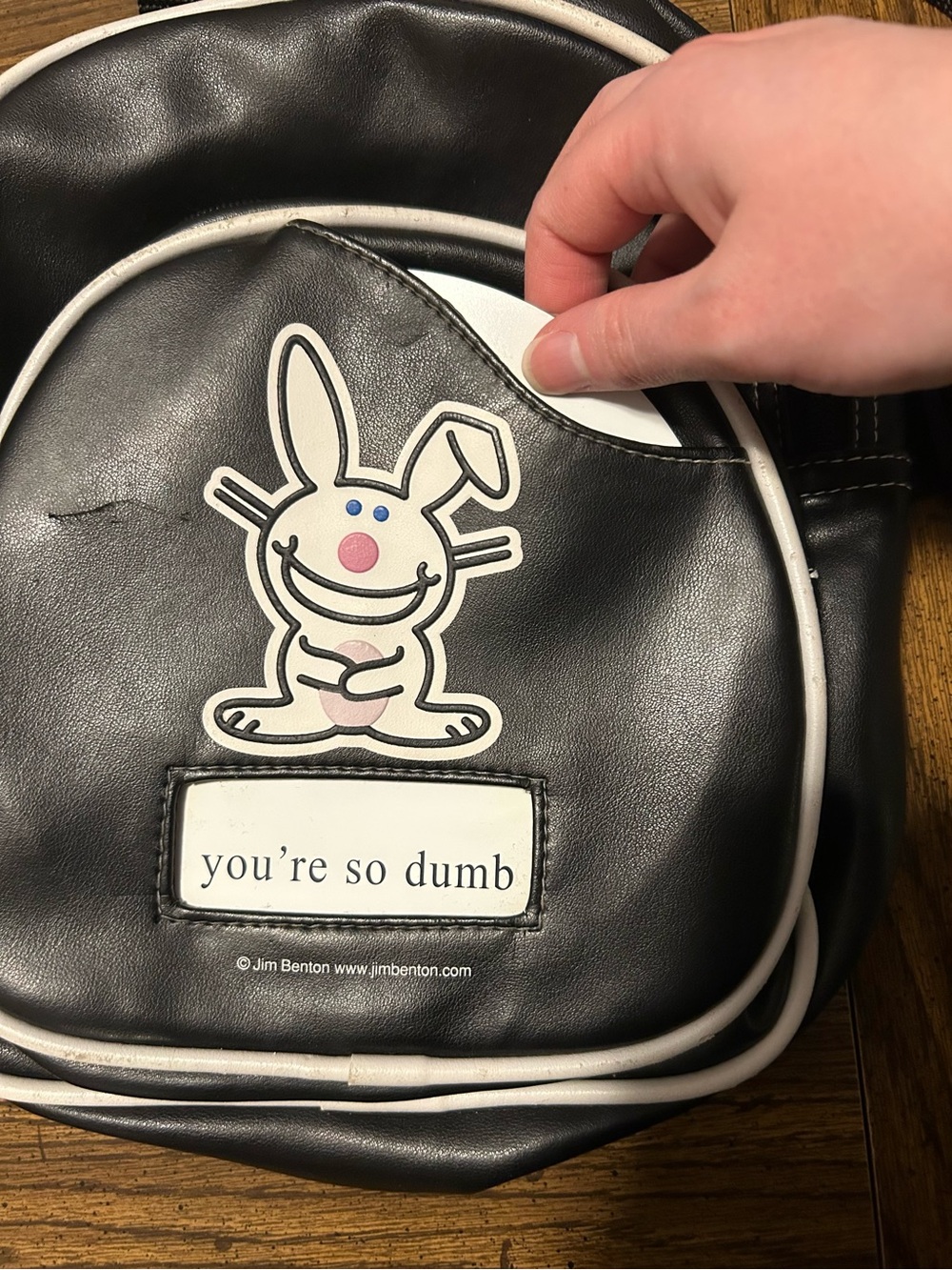 Black Happy Bunny Backpack with 4 Interchangeable Playful Slogan - Picture 3 of 13